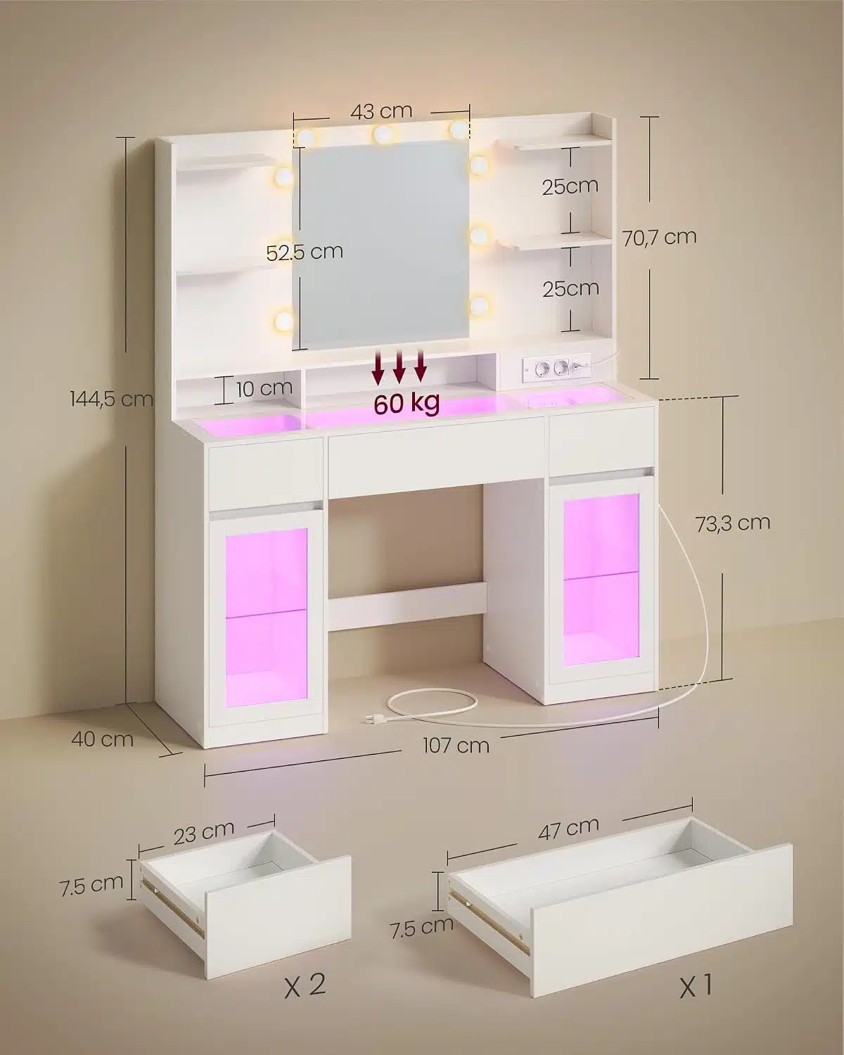 Sto za šminkanje sa ogledalom i RGB osvetljenjem - Slika 5