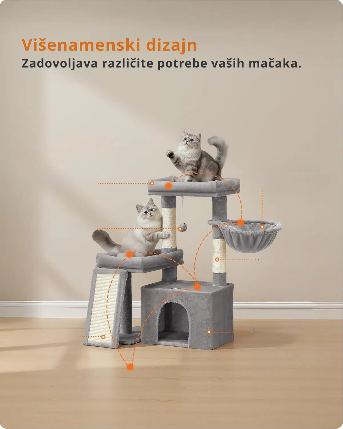 Grebalica za mačke sa 2 ležaja i kućicom - Slika 5